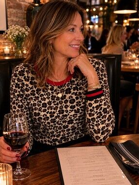 5/25$ Chic Leopard Print Sweater with Red Trim